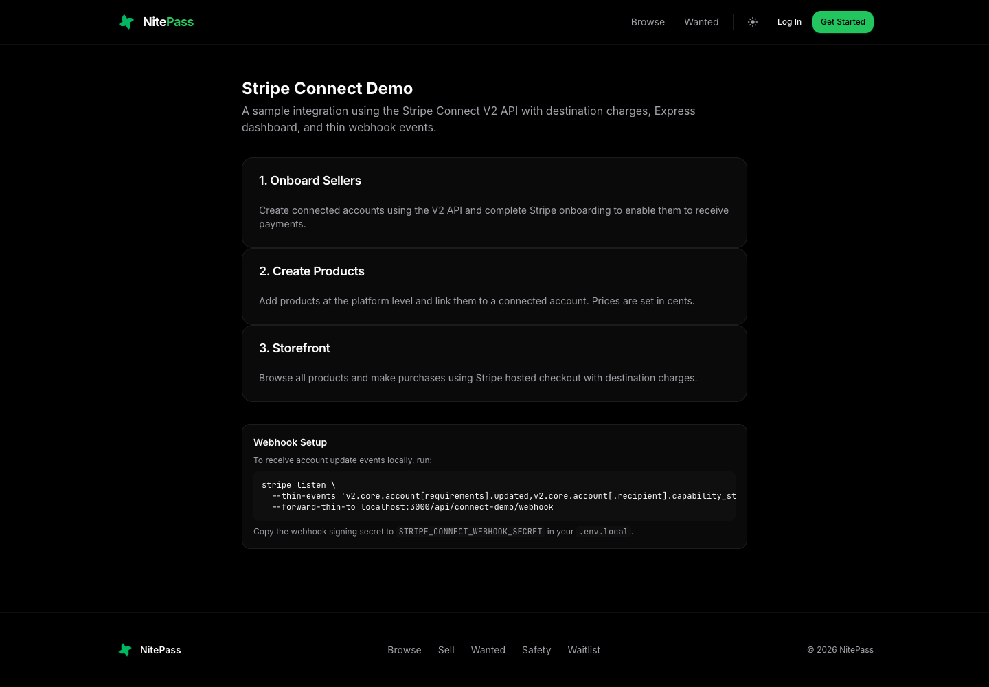 A Stripe Connect integration page describing connected account onboarding, product creation and a storefront using destination charges.