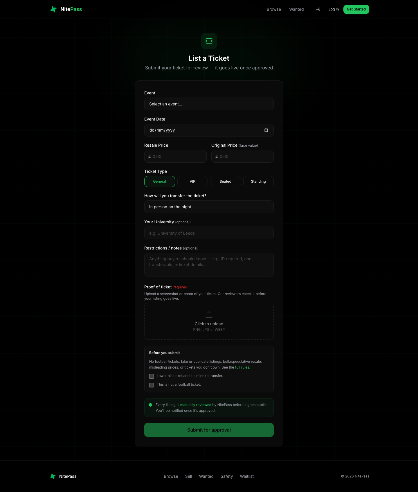The listing creation form showing event, date, resale and face-value price, ticket type, transfer method, restrictions and a proof-of-ticket upload.