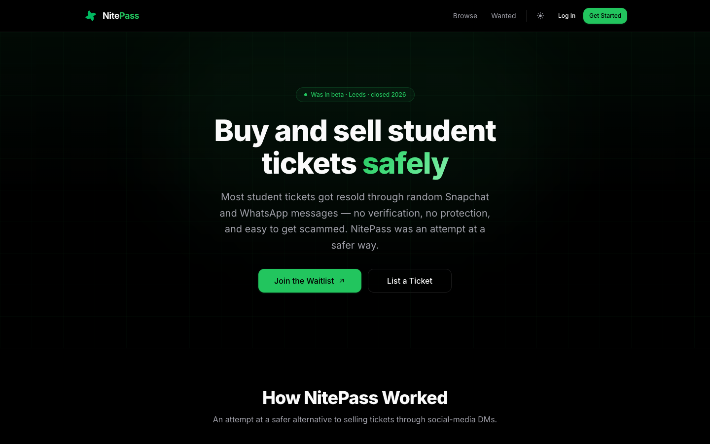 The Nitepass landing page: a dark hero headlined 'Buy and sell student tickets safely' with waitlist and listing calls to action.